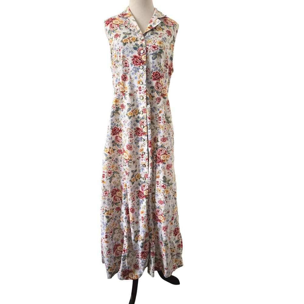 90's Y2K Lizwear Liz Claiborne Floral Cotton Denim Maxi Dress Button Front 12
